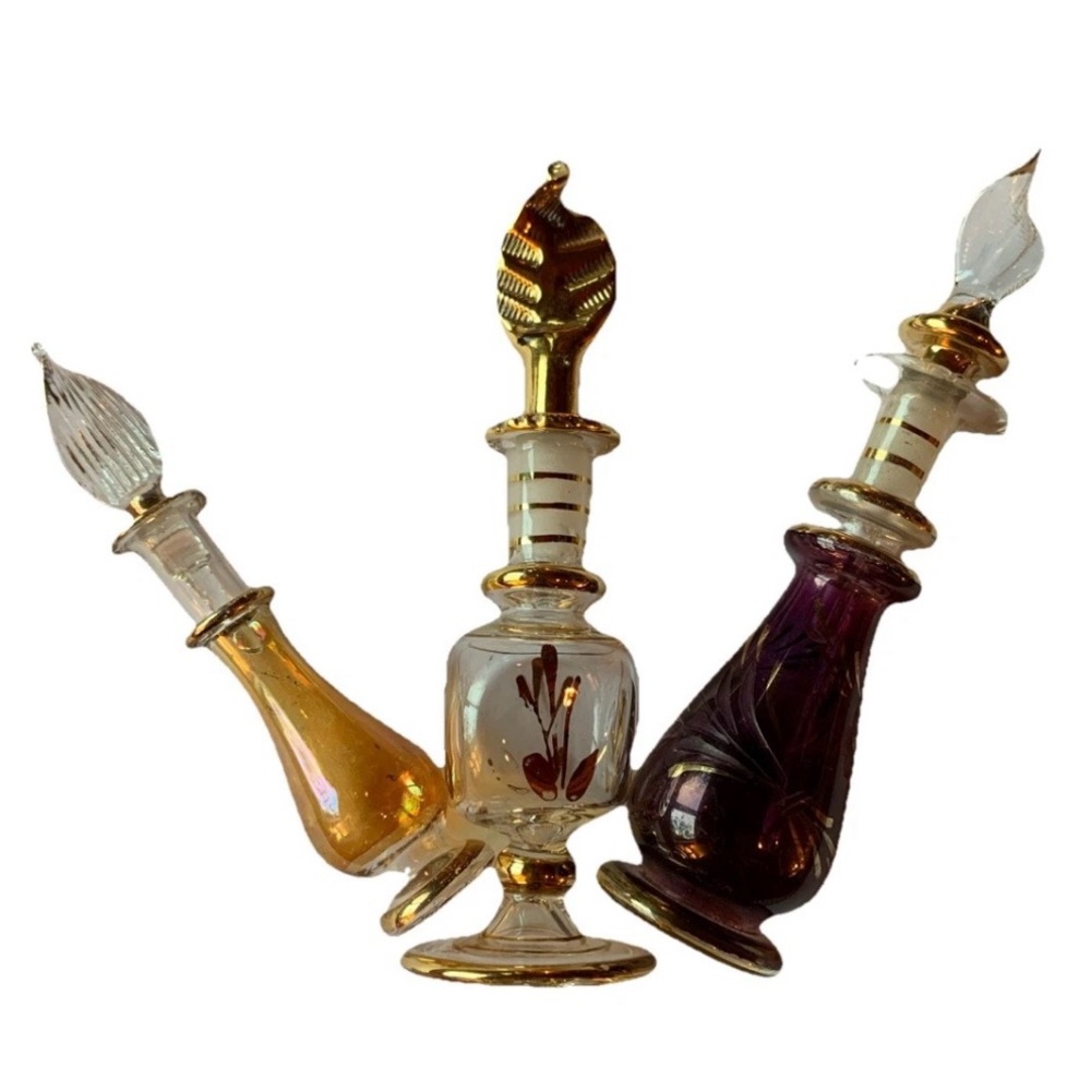 Vintage Egyptian Hand Blown Glass Perfume Bottle W/ Gold Etching Dabber SET OF 3